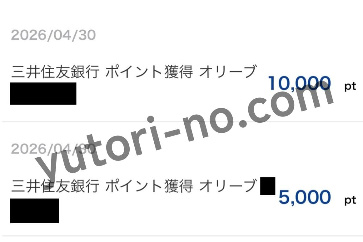 三井住友銀行Oliveの新規入会・入金キャンペーンで15000ポイントが付与されたVポイント履歴画面